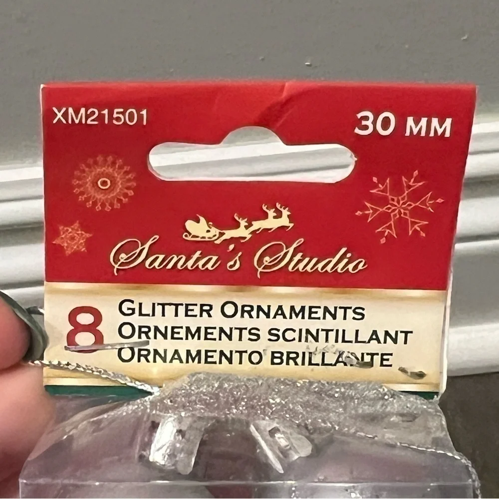 8 Mini Glitter & Silver Christmas Ornaments